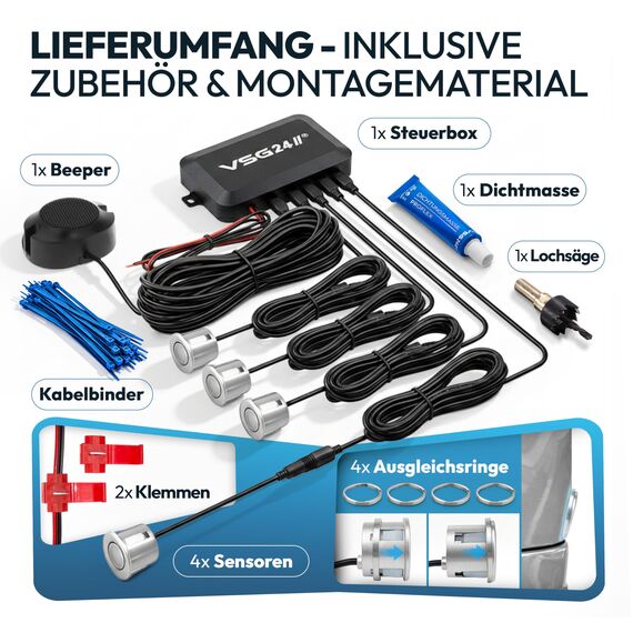 VSG24 Einparkhilfe Set hinten mit 4 Sensoren in Silber – robuste PDC Parkhilfe für Auto, SUV & Transporter – akustischer Rückfahrwarner, 30–150 cm Reichweite – 12V Nachrüstsystem