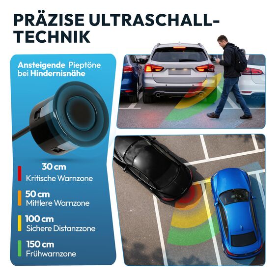 VSG24 Premium Einparkhilfe hinten zum nachrüsten am Auto, PDC Parksensoren hinten mit Stecksystem für einfachste Montage Rückfahrwarner mit Lautsprecher & 4 Sensoren Parkhilfe Nachrüstsatz Schwarz