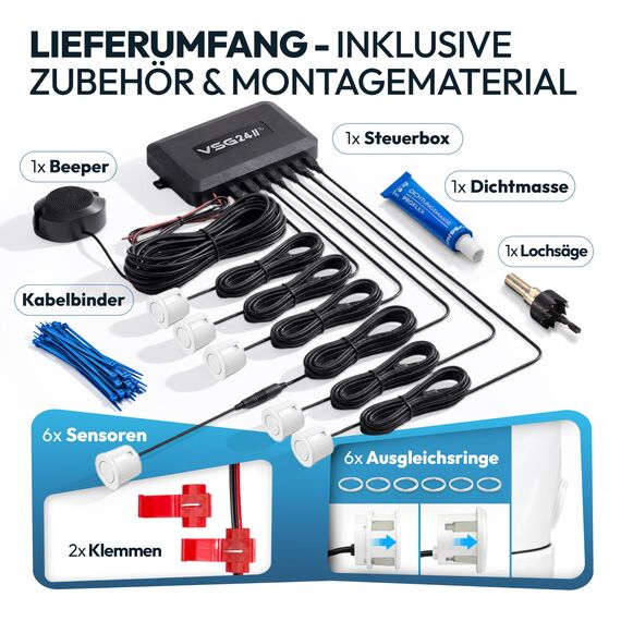 VSG24 Premium Einparkhilfe hinten zum nachrüsten am WOHNMOBIL, PDC Parksensoren hinten mit Stecksystem für einfachste Montage Rückfahrwarner mit Lautsprecher & 6 Sensoren Parkhilfe Nachrüstsatz Weiß