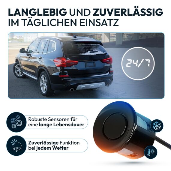 VSG24 Premium Einparkhilfe hinten zum nachrüsten am Auto, PDC Parksensoren hinten mit Stecksystem für einfachste Montage Rückfahrwarner mit Lautsprecher & 4 Sensoren Parkhilfe Nachrüstsatz Schwarz