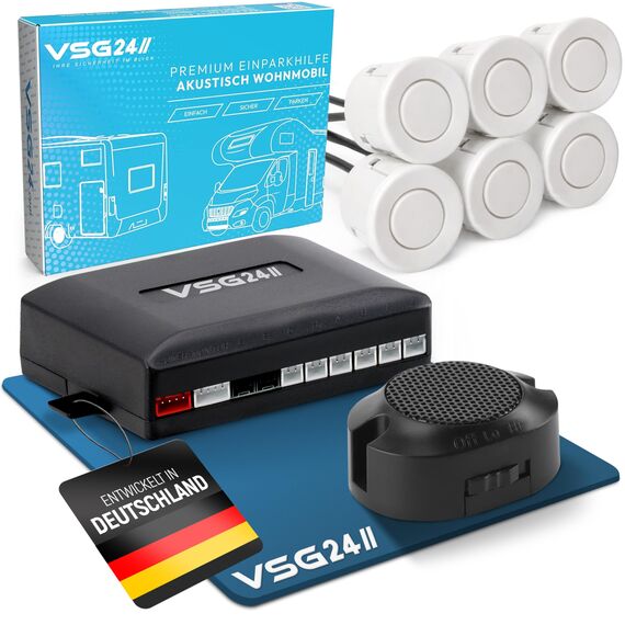 VSG24 Premium Einparkhilfe hinten zum nachrüsten am WOHNMOBIL, PDC Parksensoren hinten mit Stecksystem für einfachste Montage Rückfahrwarner mit Lautsprecher & 6 Sensoren Parkhilfe Nachrüstsatz Weiß