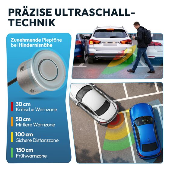 VSG24 Einparkhilfe Set hinten mit 4 Sensoren in Silber – robuste PDC Parkhilfe für Auto, SUV & Transporter – akustischer Rückfahrwarner, 30–150 cm Reichweite – 12V Nachrüstsystem