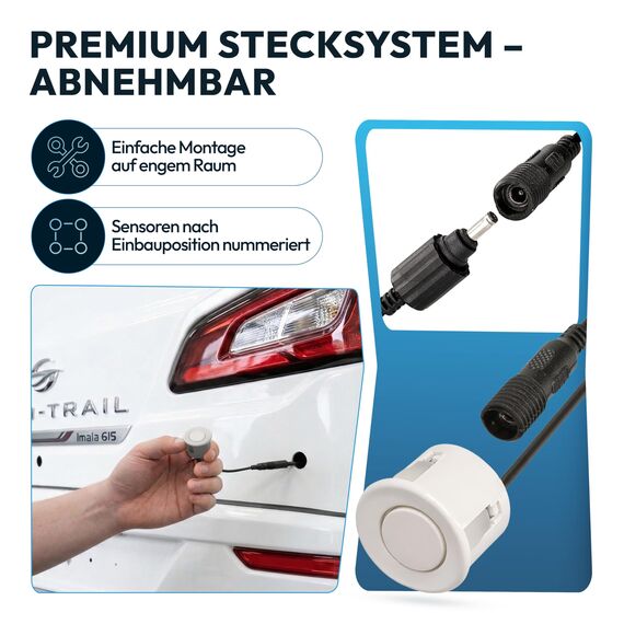 VSG24 Premium Einparkhilfe hinten zum nachrüsten am WOHNMOBIL, PDC Parksensoren hinten mit Stecksystem für einfachste Montage Rückfahrwarner mit Lautsprecher & 6 Sensoren Parkhilfe Nachrüstsatz Weiß