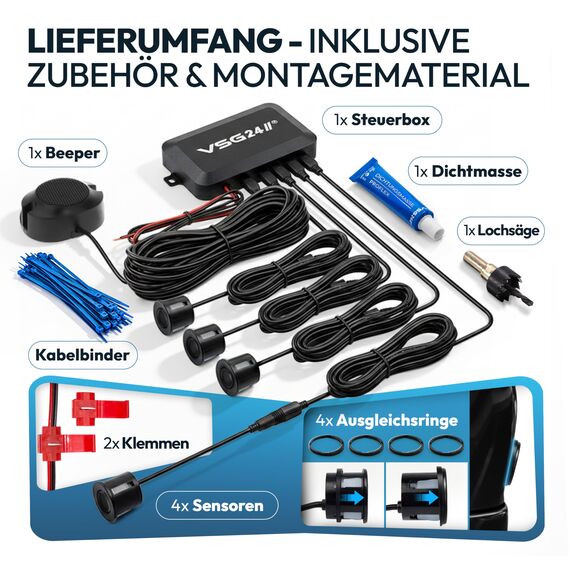 VSG24 Premium Einparkhilfe hinten zum nachrüsten am Auto, PDC Parksensoren hinten mit Stecksystem für einfachste Montage Rückfahrwarner mit Lautsprecher & 4 Sensoren Parkhilfe Nachrüstsatz Schwarz