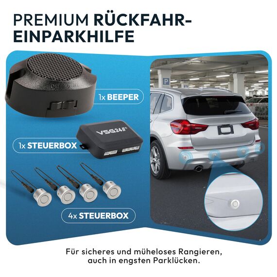 VSG24 Einparkhilfe Set hinten mit 4 Sensoren in Silber – robuste PDC Parkhilfe für Auto, SUV & Transporter – akustischer Rückfahrwarner, 30–150 cm Reichweite – 12V Nachrüstsystem