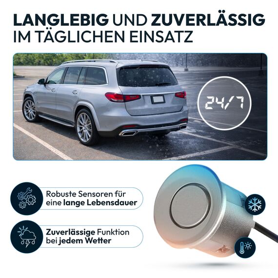 VSG24 Einparkhilfe Set hinten mit 4 Sensoren in Silber – robuste PDC Parkhilfe für Auto, SUV & Transporter – akustischer Rückfahrwarner, 30–150 cm Reichweite – 12V Nachrüstsystem