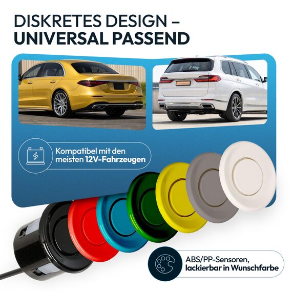 VSG24 Einparkhilfe Set hinten mit 4 Sensoren in Silber – robuste PDC Parkhilfe für Auto, SUV & Transporter – akustischer Rückfahrwarner, 30–150 cm Reichweite – 12V Nachrüstsystem