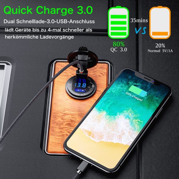 12V USB Steckdose Auto Ladegerät mit Schalter,KFZ-Ladegerät Stecker 24V 12 Volt Quick Charge 3.0 Metall Wasserdicht Zigarettenanzünder Adapter USB Dose Einbaubuchse für Motorrad,Wohnwagen,Boot,LKW