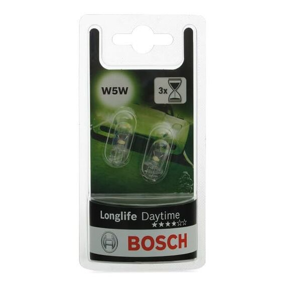 Bosch W5W Longlife Daytime Halogen-Glühlampe für Auto-Scheinwerfer, 12 V 5 W, mit langer Lebensdauer - Lampensockel Typ W2,1x9,5d - 2er-Pack Ersatz-Scheinwerferlampen