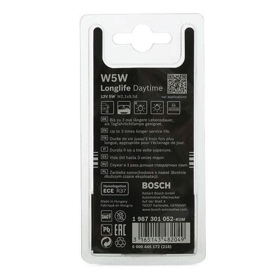 Bosch W5W Longlife Daytime Halogen-Glühlampe für Auto-Scheinwerfer, 12 V 5 W, mit langer Lebensdauer - Lampensockel Typ W2,1x9,5d - 2er-Pack Ersatz-Scheinwerferlampen