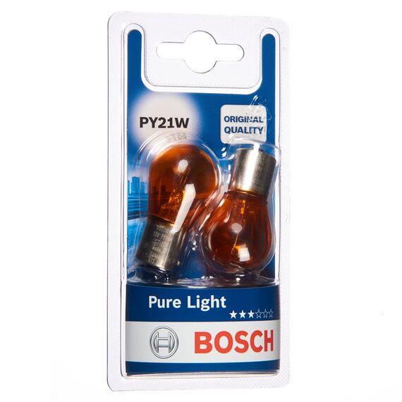 Bosch PY21W Pure Light Halogen-Glühlampe für Auto-Scheinwerfer, 12 V 21 W, in Originalqualität - Lampensockel Typ BAU15s - 2er-Pack Ersatz-Scheinwerferlampen