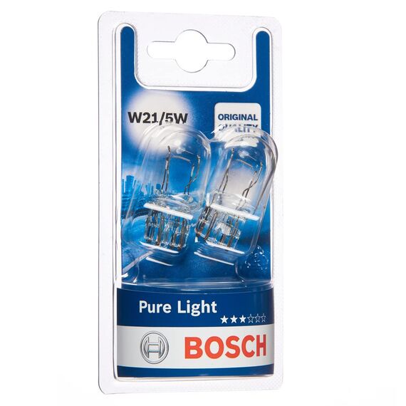 Bosch W21/5W Pure Light Halogen-Glühlampe für Auto-Scheinwerfer, 12 V 21/5 W, in Originalqualität - Lampensockel Typ W3x16q - 2er-Pack Ersatz-Scheinwerferlampen