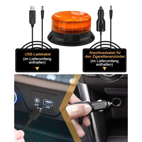 Dinfu Rundumleuchte akku 12V led Warnleuchte magnet 9 Blinkend Leuchtmodi mit Kfz-Ladekabel und USB Kabel für Auto LKW Traktor Golfwagen UTV SUV J-eep