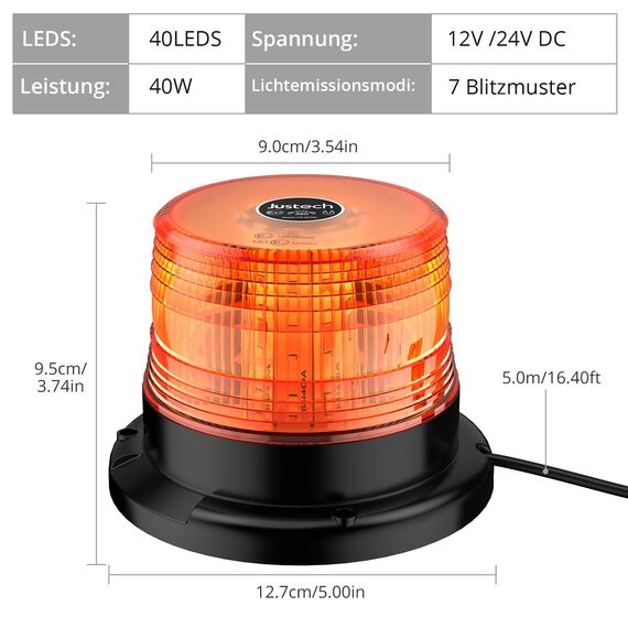 Justech 40 LED Rundumleuchte Blitzleuchte 7 modus mit 5m Netzkabel Doppelter Schraube 12/24V Amber Warnleuchte Magnetische Notfallblinklampe Wiederherstellungswarnung gelbes Licht der Decke
