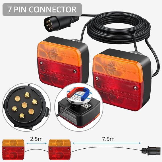 Justech Rückleuchten Set Rücklicht mit Magneten PKW Anhänger Komplett 2x Anhängerbeleuchtung 7,5m Kabel 7-poliger Stecker 5 Funktionen Kennzeichenleuchte Rückfahrlicht mit E11 für Wohnwagen KFZ PKW
