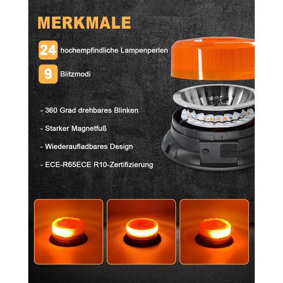 Dinfu Rundumleuchte akku 12V led Warnleuchte magnet 9 Blinkend Leuchtmodi mit Kfz-Ladekabel und USB Kabel für Auto LKW Traktor Golfwagen UTV SUV J-eep