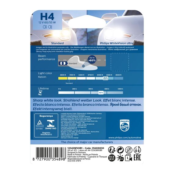 Philips WhiteVision ultra H4 Scheinwerferlampe, 4.200K, Einzelblister, 35489830, Single blister