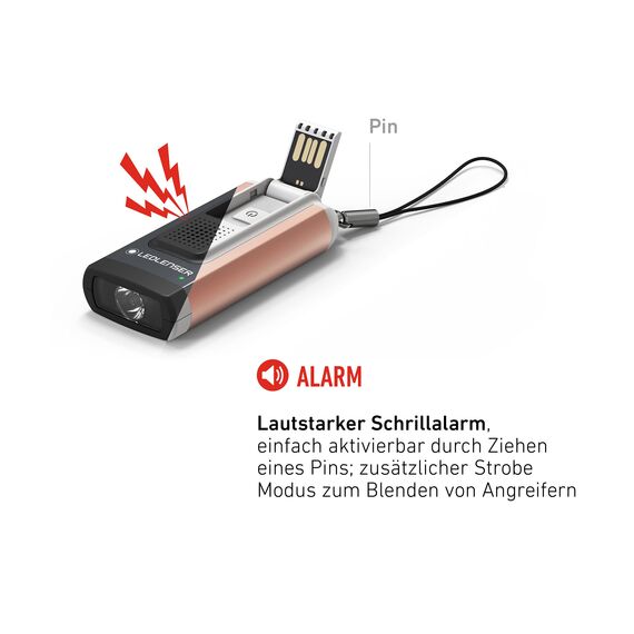 Ledlenser K6R Safety, kompakte Schlüsselbundleuchte, 400 Lumen, wiederaufladbar, mit USB-A-Schnittstelle, mit Schrillalarm-Funktion (Grau)