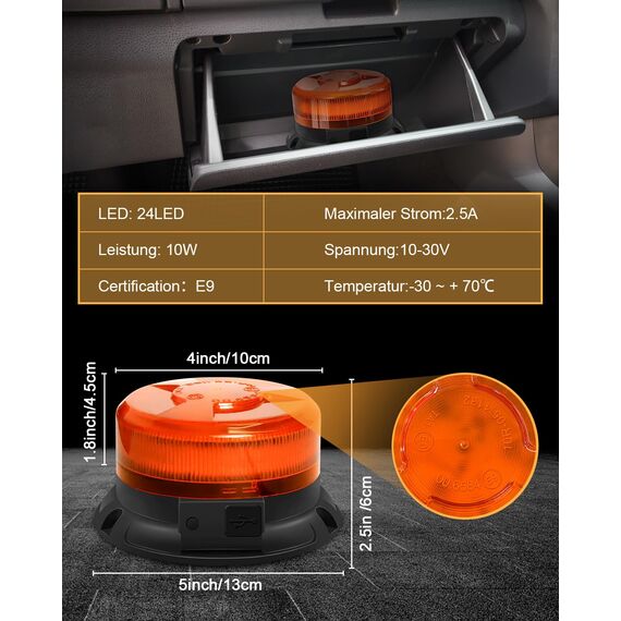 Dinfu Rundumleuchte akku 12V led Warnleuchte magnet 9 Blinkend Leuchtmodi mit Kfz-Ladekabel und USB Kabel für Auto LKW Traktor Golfwagen UTV SUV J-eep