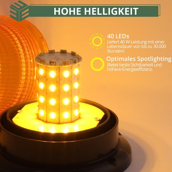 EYPINS 40 LED Rundumleuchte, 40W Auto Warnleuchte, Rundumleuchte Orange, Magnet Warnlicht Blinkleuchte Strobe Beacon Light IP67 für 12V/24V Truck, KFZ, LKW, Traktor | E57 IP67