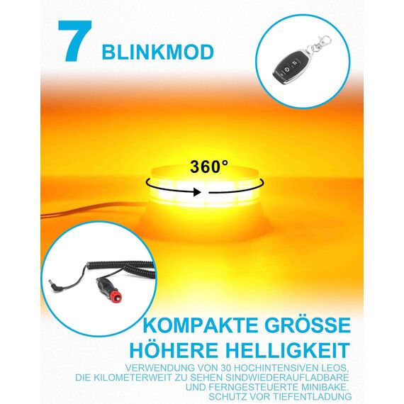 Agrieyes Rundumleuchte Akku mit Fernbedienung, 12V Gelbe Warnleuchte Auto Magnet mit Saugnapf, LED Batterie Warnlicht fürs traktor, Schnurlos Rundumleuchte fürs Traktor KFZ LKW