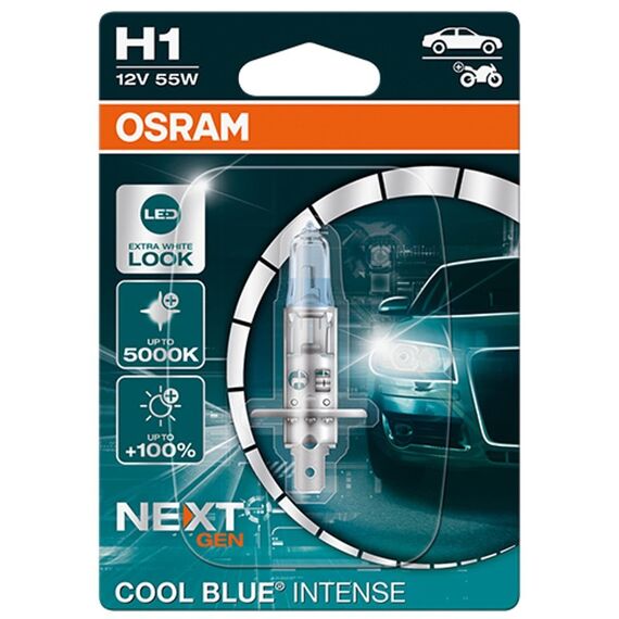 Osram COOL BLUE INTENSE H1, +100% mehr Helligkeit, bis zu 5.000K, Halogen-Scheinwerferlampe, LED-Look, Einzelblister (1 Lampe)
