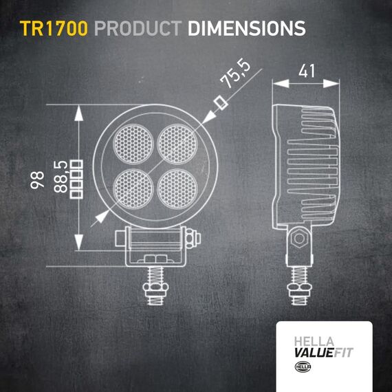 HELLA VALUEFIT 1G0 357 111-002 LED-Arbeitsscheinwerfer - TR1700-24/12V - 1700lm - geschraubt/Anbau - schwenkbarer Montagebügel - Nahfeldausleuchtung - Kabel: 800mm - Stecker: offene Kabelenden