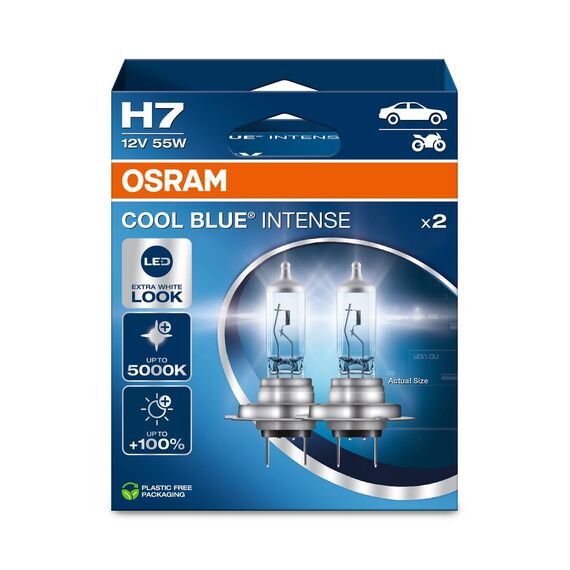 Osram COOL BLUE INTENSE H7, +100% mehr Helligkeit, bis zu 5.000K, Halogen-Scheinwerferlampe, LED-Look, Duo Box (2 Lampen)
