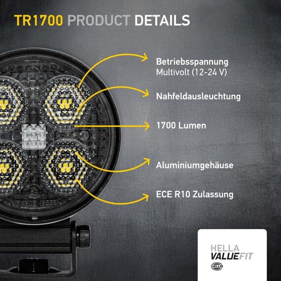 HELLA VALUEFIT 1G0 357 111-002 LED-Arbeitsscheinwerfer - TR1700-24/12V - 1700lm - geschraubt/Anbau - schwenkbarer Montagebügel - Nahfeldausleuchtung - Kabel: 800mm - Stecker: offene Kabelenden