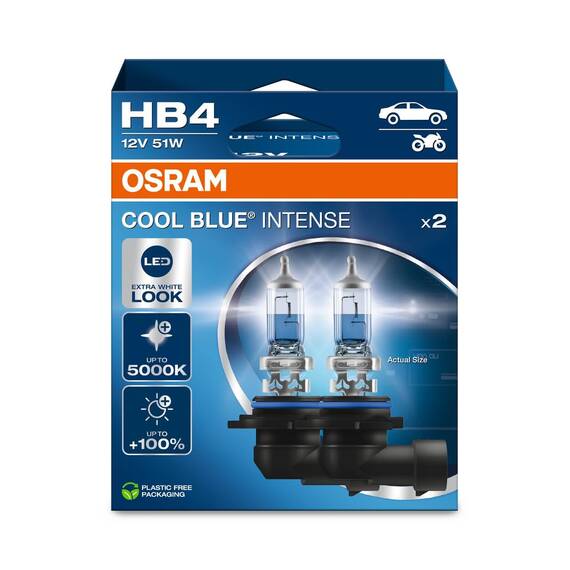 Osram COOL BLUE INTENSE HB4, +100% mehr Helligkeit, bis zu 5.000K, Halogen-Scheinwerferlampe, LED-Look, Duo Box (2 Lampen)