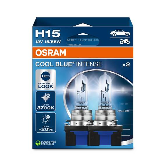 Osram COOL BLUE® INTENSE H15, +20% mehr Helligkeit, bis zu 3.700K, Halogen-Scheinwerferlampe, LED-Look, Duo Box (2 Lampen), 64176CBN-HCB