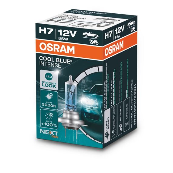 Osram COOL BLUE® INTENSE H7, +100% mehr Helligkeit, bis zu 5.000K, Halogen-Scheinwerferlampe, LED-Look, Faltschachtel (1 Lampe)
