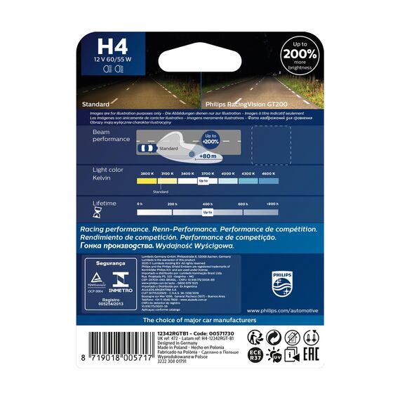 Philips RacingVision GT200 H4 Scheinwerferlampe +200%, Einzelblister, 571730, Single blister