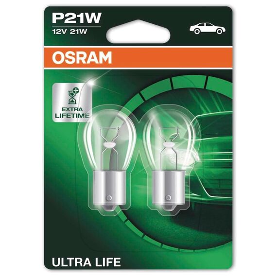Osram ULTRA LIFE P21W, Halogen-Signallampe, Bremslicht, Nebelschlussleuchte, 7506ULT-02B, 12V PKW, Doppelblister (2 Stück)