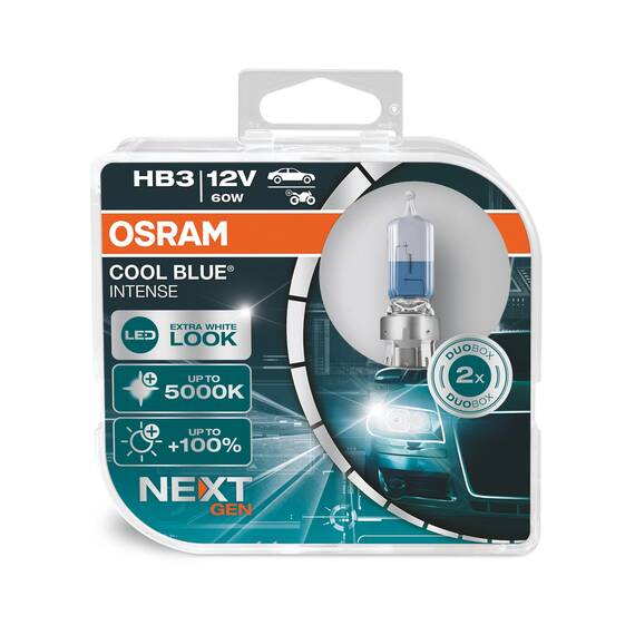 Osram 9005CBN-HCB Cool Intense Hb3, +100 Prozent Mehr Helligkeit, Bis Zu 5.000K, Halogen Scheinwerferlampe, Led-Look, Duo Box (2 Lampen), Blau
