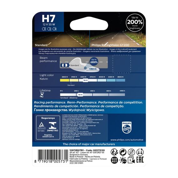 Philips RacingVision GT200 H7 Scheinwerferlampe +200%, Einzelblister 12972RGTB1