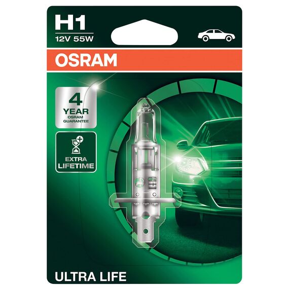 Osram ULTRA LIFE H1, Halogen-Scheinwerferlampe, 64150ULT-01B, 12V PKW, Einzelblister (1 Stück)