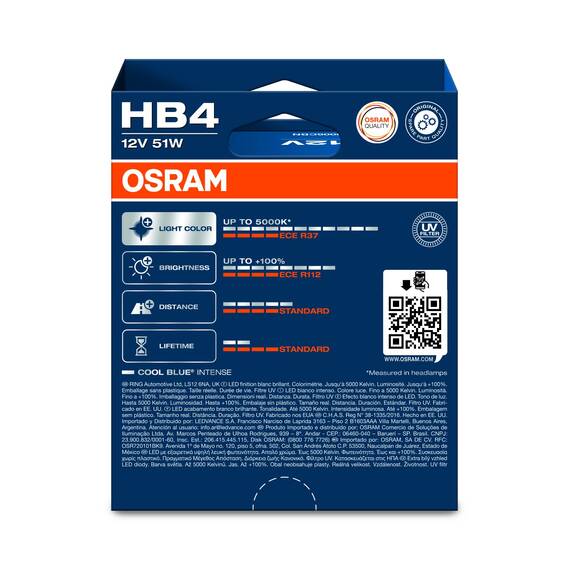 Osram COOL BLUE INTENSE HB4, +100% mehr Helligkeit, bis zu 5.000K, Halogen-Scheinwerferlampe, LED-Look, Duo Box (2 Lampen)