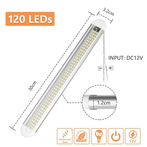 URAQT 120 LED Innenbeluchtung, 2 Stück 12V Leiste 1600LM 8W DC Innenlichtleiste Mit 2 Verlängerungskabeln y Schalter für Auto Wohnmobil Van Bus Caravan Boat Küche Bad Bar LKW