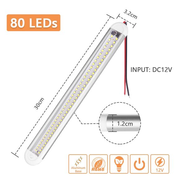 URAQT 12 V LED-Innenlichtleiste, 80 LEDs, 1600 lm, 8 W Gleichstrom, 12 Volt, LED-Lichtstreifen mit An-/Aus-Schalter mit 2 Verlängerungskabeln für Wohnmobil, LKW, Van, Wohnmobil, Anhänger