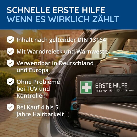 KFZ-Verbandtasche inkl. Warndreieck und Warnweste nach aktueller DIN 13164:2022 | Gültig für 2026 | Verbandkasten/Erste Hilfe Set für PKW/Auto/Motorrad (KFZ-Verbandtasche einfach + lang)