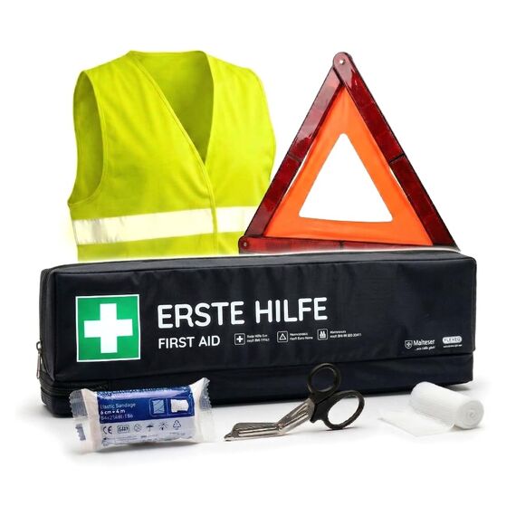 FLEXEO KFZ-Verbandtasche inkl. Warndreieck und Warnweste nach aktueller DIN 13164 | Gültig für 2026, in Deutschland und der EU | Verbandkasten/Erste Hilfe Set für PKW/Auto | Schwarz