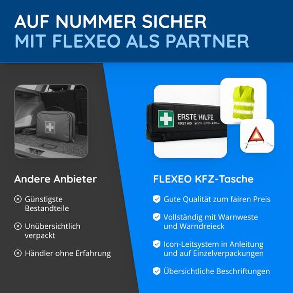 FLEXEO KFZ-Verbandtasche inkl. Warndreieck und Warnweste nach aktueller DIN 13164 | Gültig für 2026, in Deutschland und der EU | Verbandkasten/Erste Hilfe Set für PKW/Auto | Schwarz