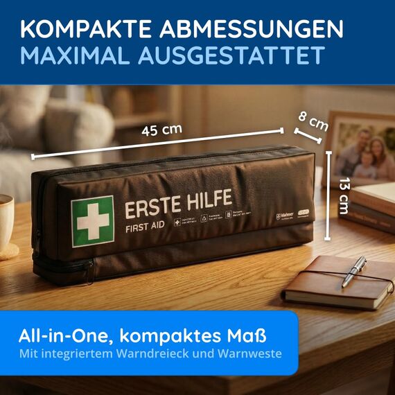 KFZ-Verbandtasche inkl. Warndreieck und Warnweste nach aktueller DIN 13164:2022 | Gültig für 2026 | Verbandkasten/Erste Hilfe Set für PKW/Auto/Motorrad (KFZ-Verbandtasche einfach + lang)