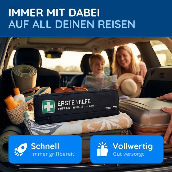 FLEXEO KFZ-Verbandtasche inkl. Warndreieck und Warnweste nach aktueller DIN 13164 | Gültig für 2026, in Deutschland und der EU | Verbandkasten/Erste Hilfe Set für PKW/Auto | Schwarz