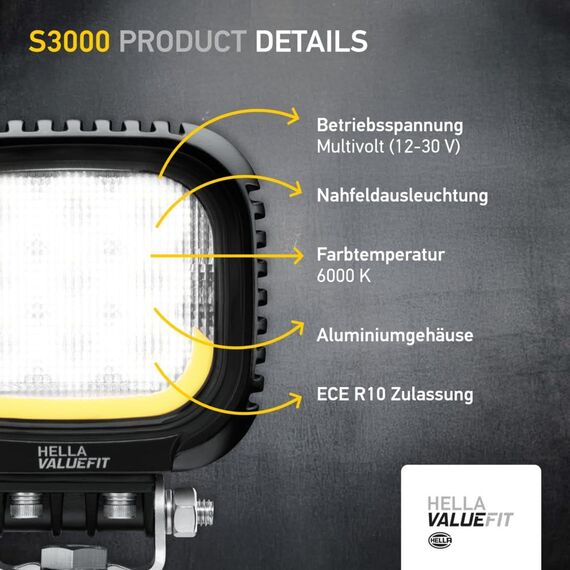 HELLA Valuefit S3000 LED Arbeitsscheinwerfer mit Positionslicht 12 - 24 Volt - 3000 echte Lumen - IP67 wasserdicht - Offroad Scheinwerfer für Traktor SUV UTV ATV - 1GA 357 109-031