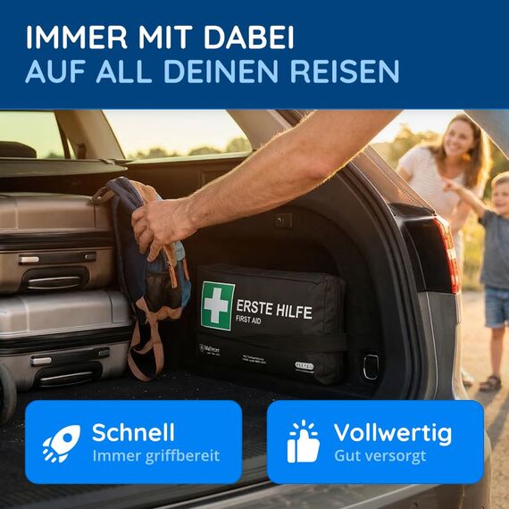 KFZ-Verbandtasche inkl. Warndreieck und Warnweste nach aktueller DIN 13164:2022 | Gültig für 2026 | Verbandkasten/Erste Hilfe Set für PKW/Auto/Motorrad (KFZ-Verbandtasche einfach + lang)
