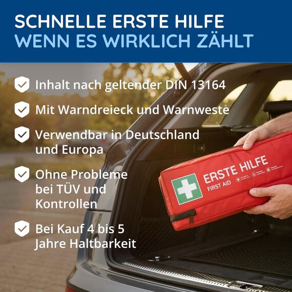 FLEXEO KFZ-Verbandtasche inkl. Warndreieck und Warnweste nach aktueller DIN 13164 | Gültig für 2026, in Deutschland und der EU | Verbandkasten/Erste Hilfe Set für PKW/Auto | Rot