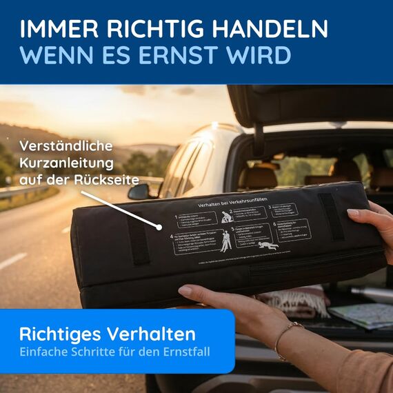 FLEXEO KFZ-Verbandtasche inkl. Warndreieck und Warnweste nach aktueller DIN 13164 | Gültig für 2026, in Deutschland und der EU | Verbandkasten/Erste Hilfe Set für PKW/Auto | Schwarz