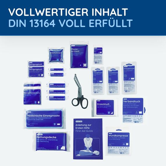 FLEXEO KFZ-Verbandtasche inkl. Warndreieck und Warnweste nach aktueller DIN 13164 | Gültig für 2026, in Deutschland und der EU | Verbandkasten/Erste Hilfe Set für PKW/Auto | Schwarz